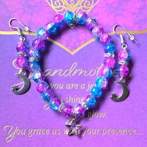 Blue and purple cracked glass bead bracelet and earring set